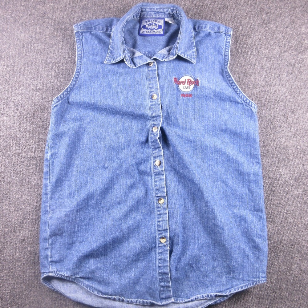 Hard Rock Cafe Shirt Mens Large Blue Denim Sleeveless Button Up Paris